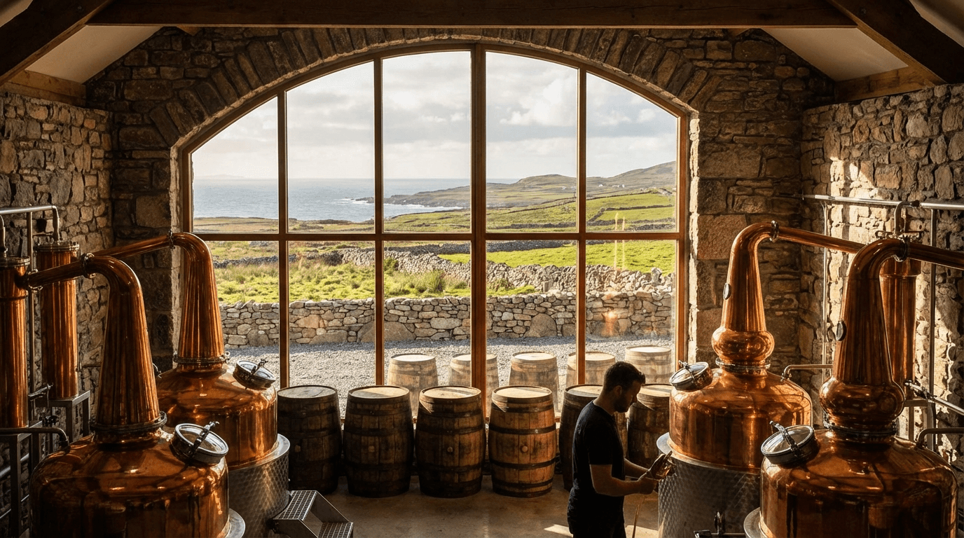 Micil Distillery in Galway showing traditional copper stills and coastal Connemara landscape through windows