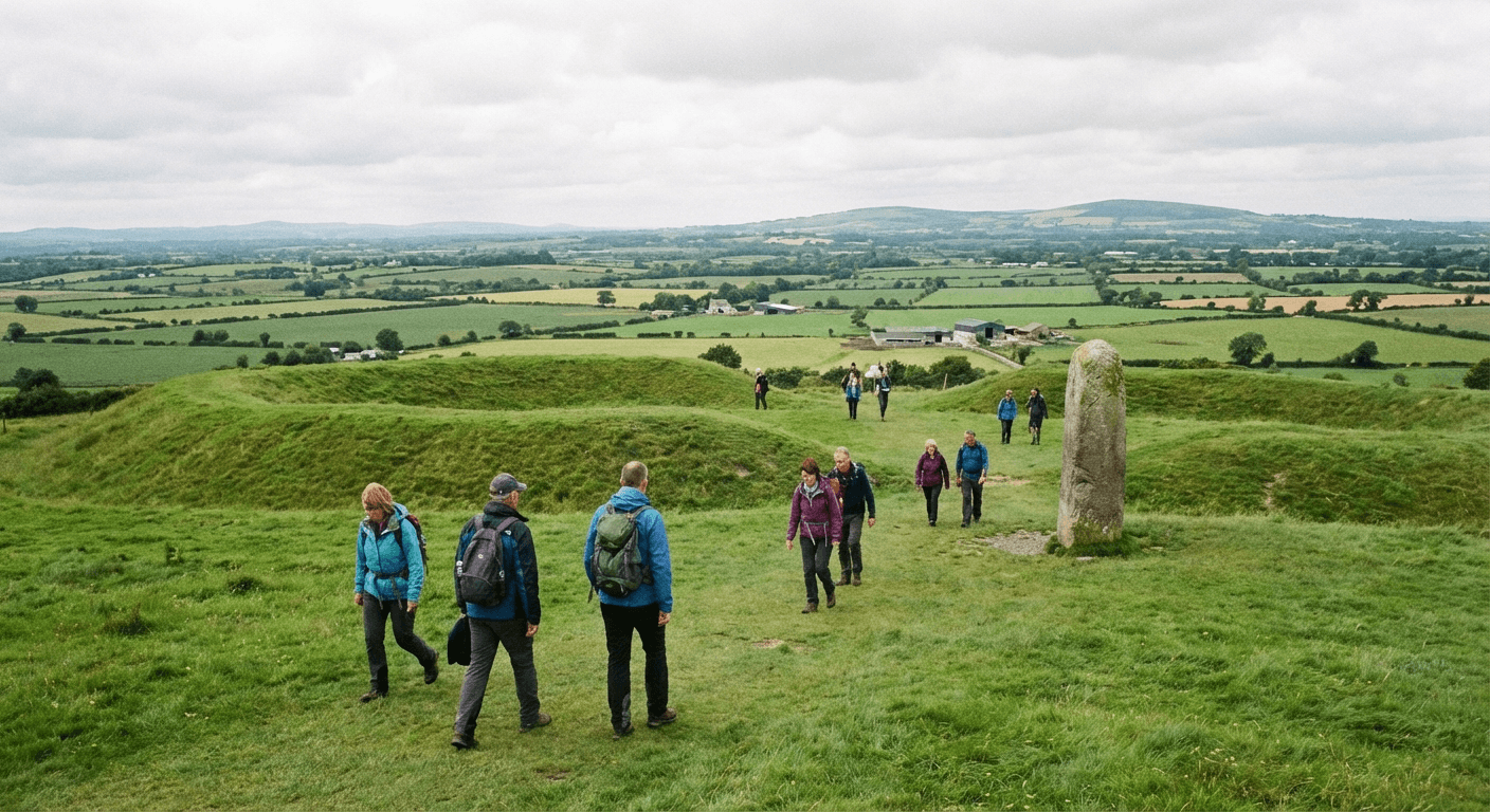 Visitors walking the grassy paths of the Hill of Tara
