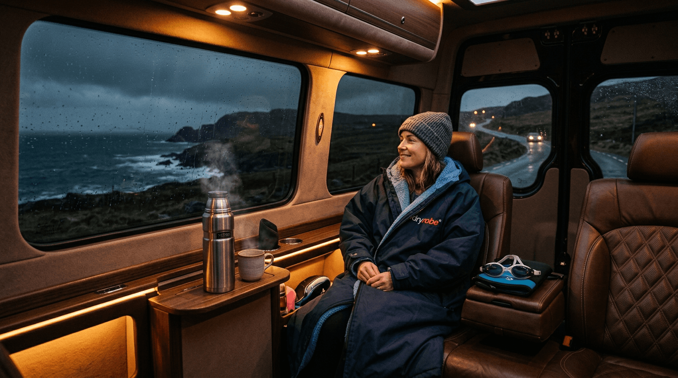 Recovering in the heated comfort of a luxury private transport vehicle after a winter sea swim.