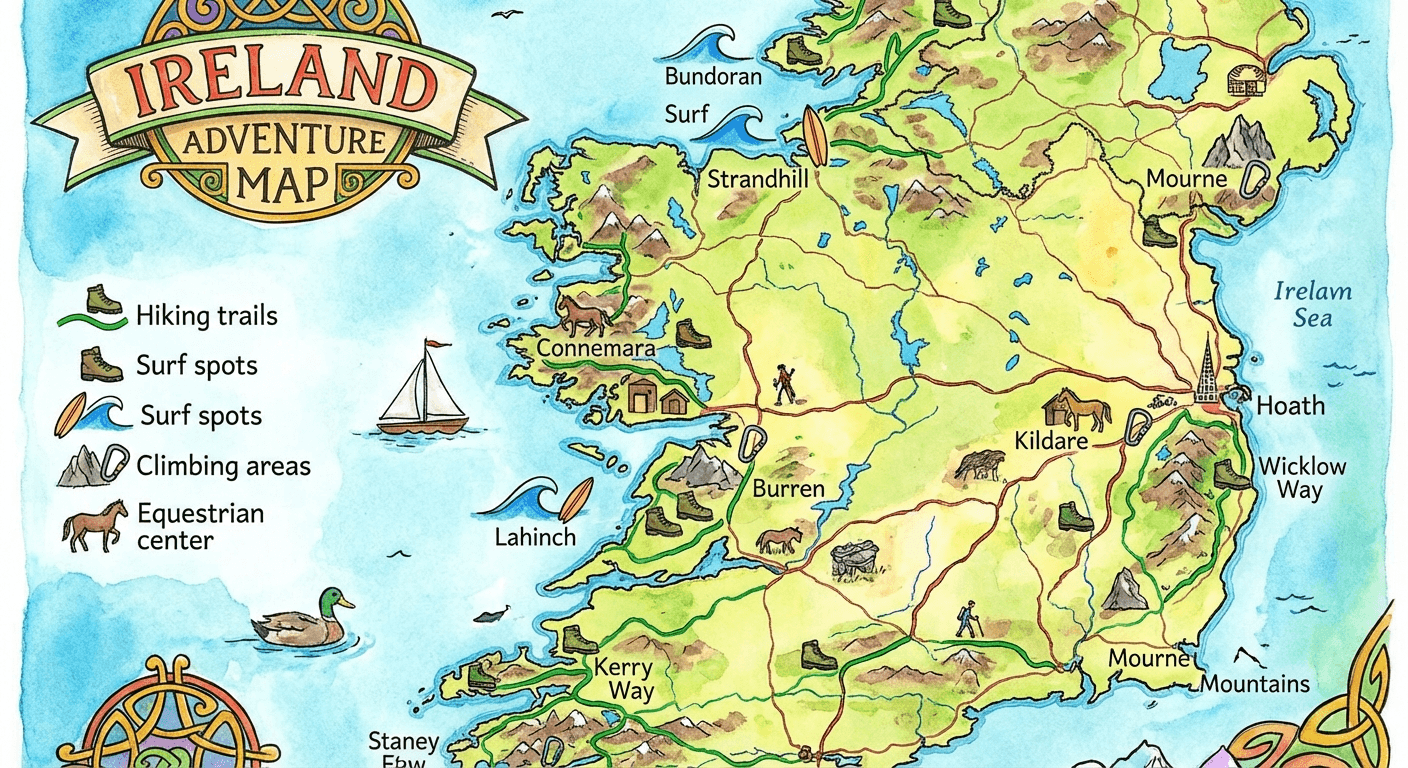 Map of Ireland showing adventure activity locations
