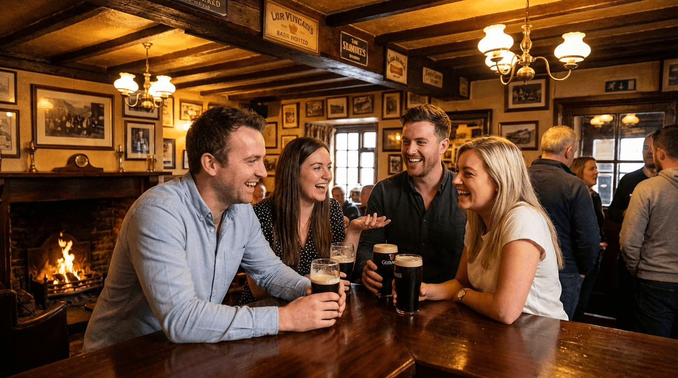 Group of friends enjoying conversation at traditional Irish pub bar with pints and warm atmosphere