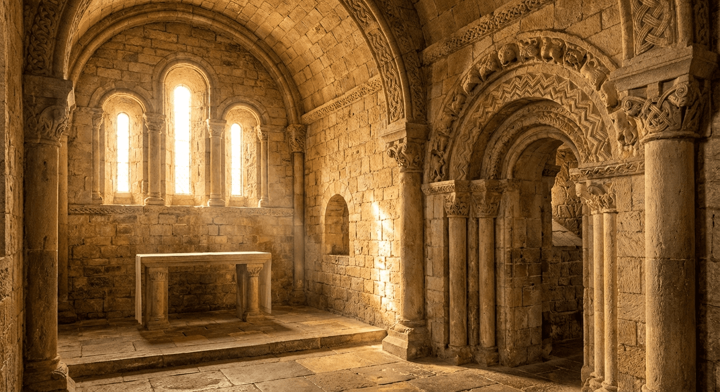 Interior of Cormac's Chapel showing intricate Romanesque stone carvings and vaulted ceiling