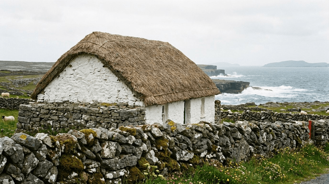 Traditional thatched cottage on Inis Mór with whitewashed walls, stone foundation, dry stone wall foreground, Atlantic backdrop