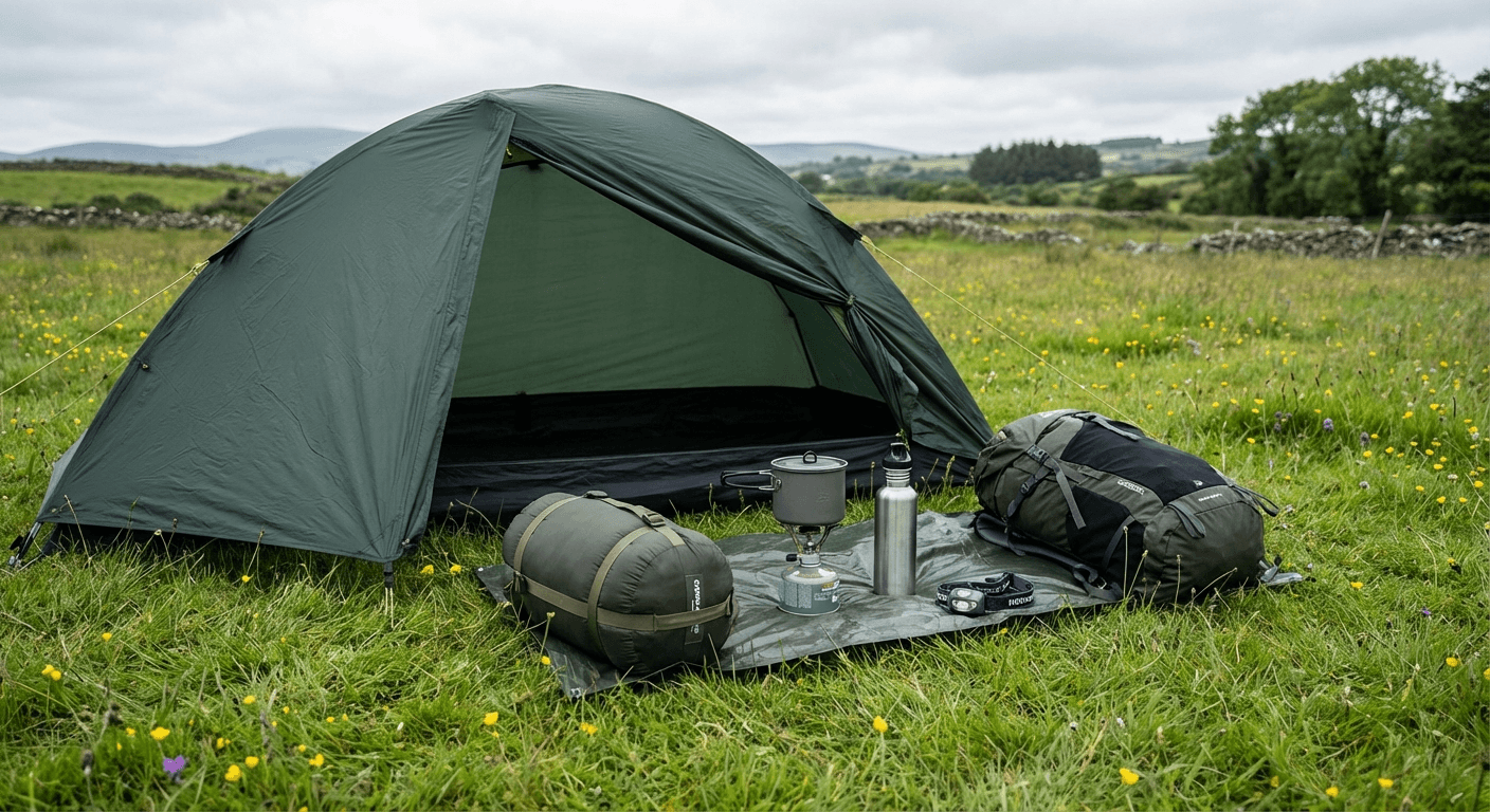 Essential wild camping gear laid out including tent, sleeping bag and stove