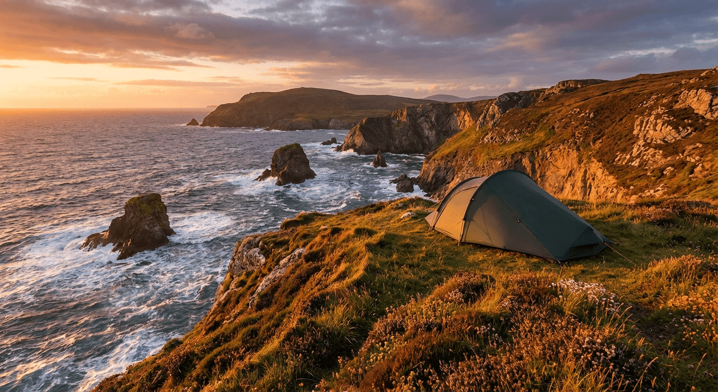 Coastal wild camping spot in County Donegal with Atlantic Ocean views