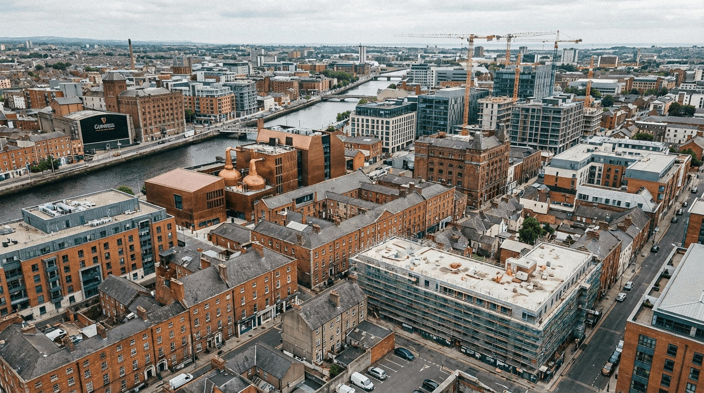Aerial view of Dublin's Liberties neighborhood showing mix of historic buildings and modern distillery facilities, urban renewal in progress