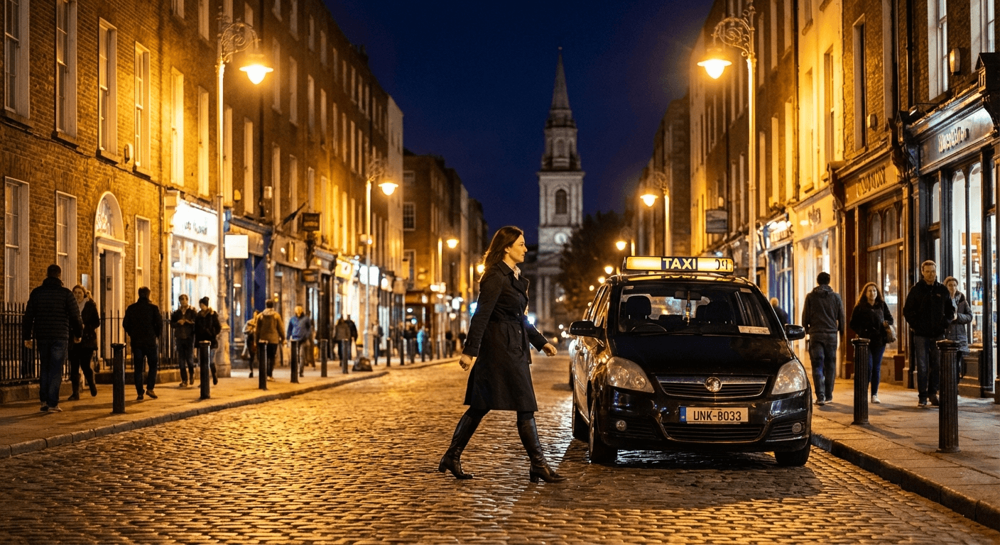 Well-lit Dublin street at night with woman walking confidently toward taxi, city lights in background