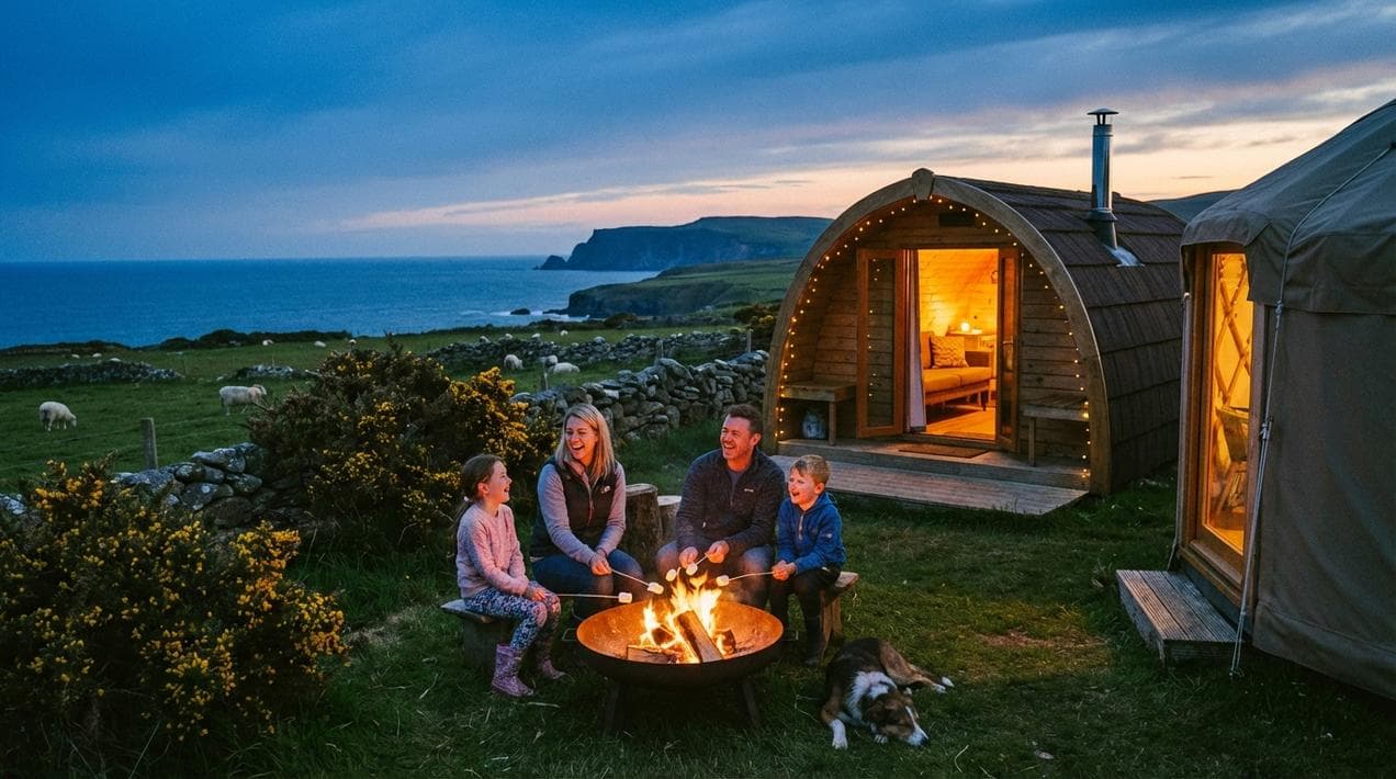 Family enjoying a glamping stay on the Irish coast.