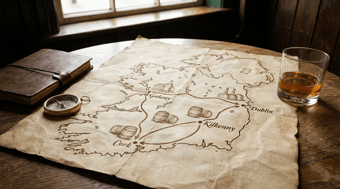 Map of Ireland showing the 5-day Whiskey Trail route from Dublin through Kilkenny, Cork, Galway and back to Dublin with distillery stops marked