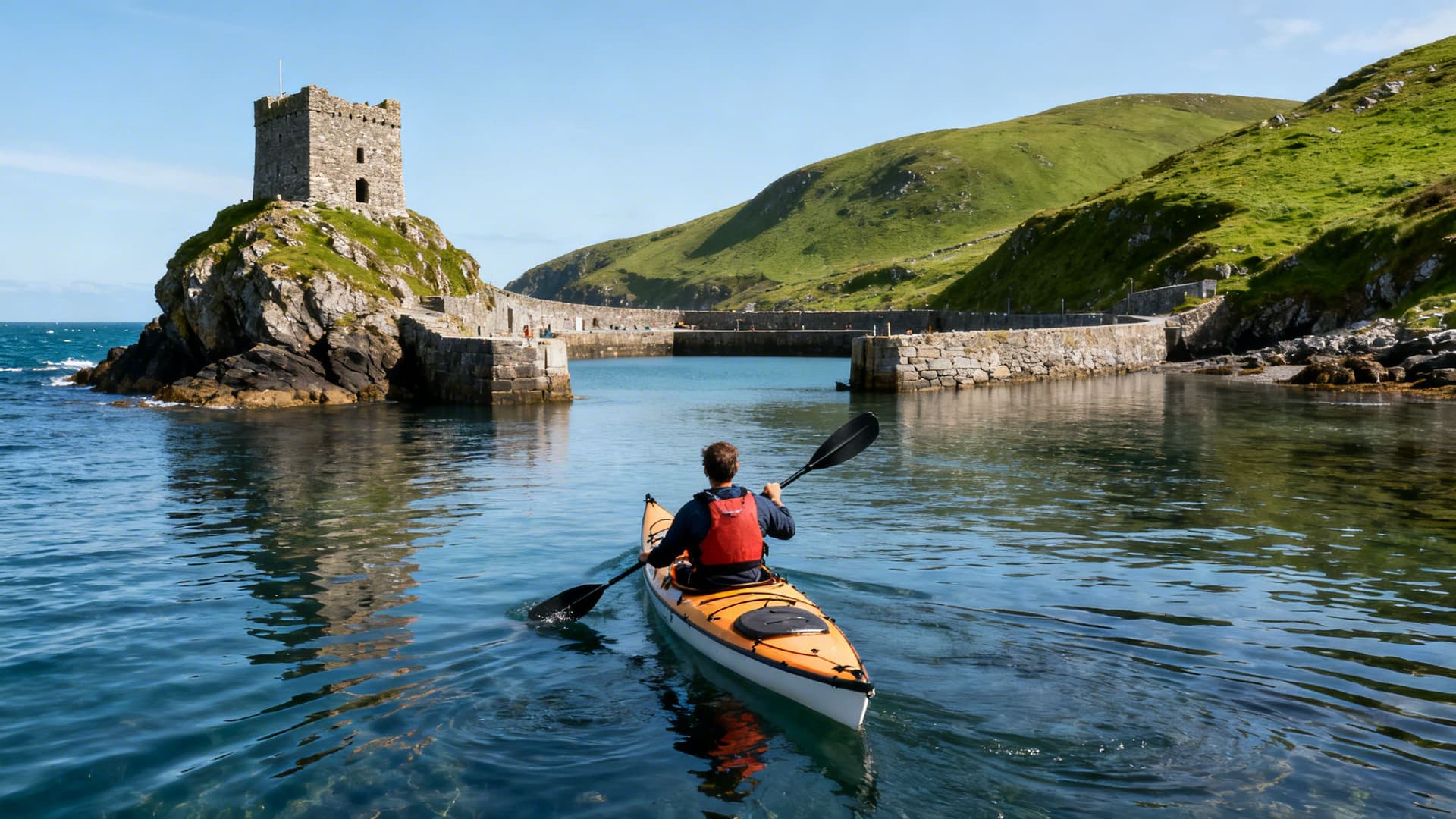 Inis Bofin harbour entrance with the Cromwellian fort on the rock, a sea kayak approaching in calm conditions, the north Connemara coast visible behind