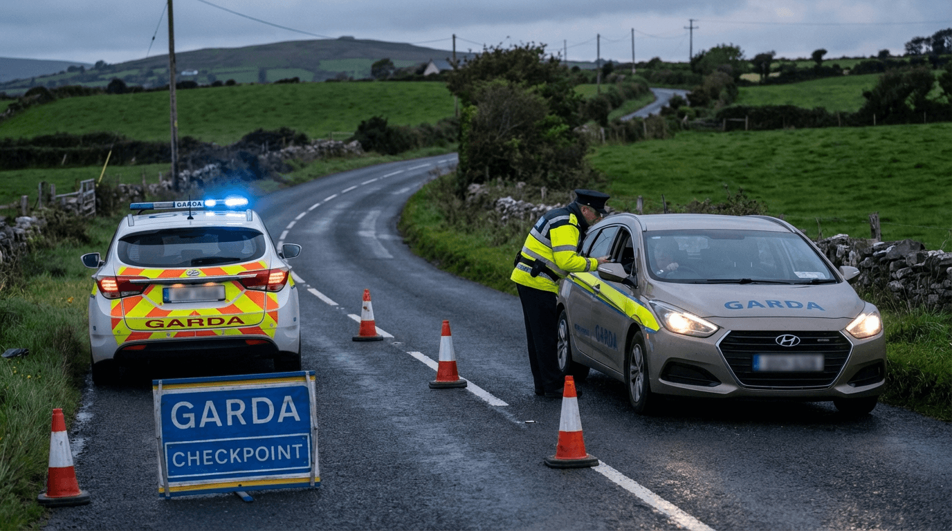 Documentary-style photo of Garda checkpoint on winding Irish country road at twilight, natural lighting, Garda officer in high-visibility jacket speaking with driver, patrol car parked with indistinct blurred license plate, realistic and not overly polished