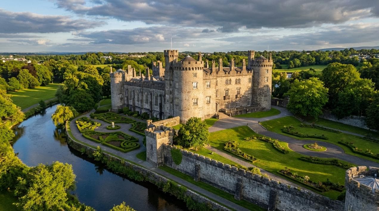 Kilkenny Castle from above showing medieval architecture and surrounding parklands in Ireland