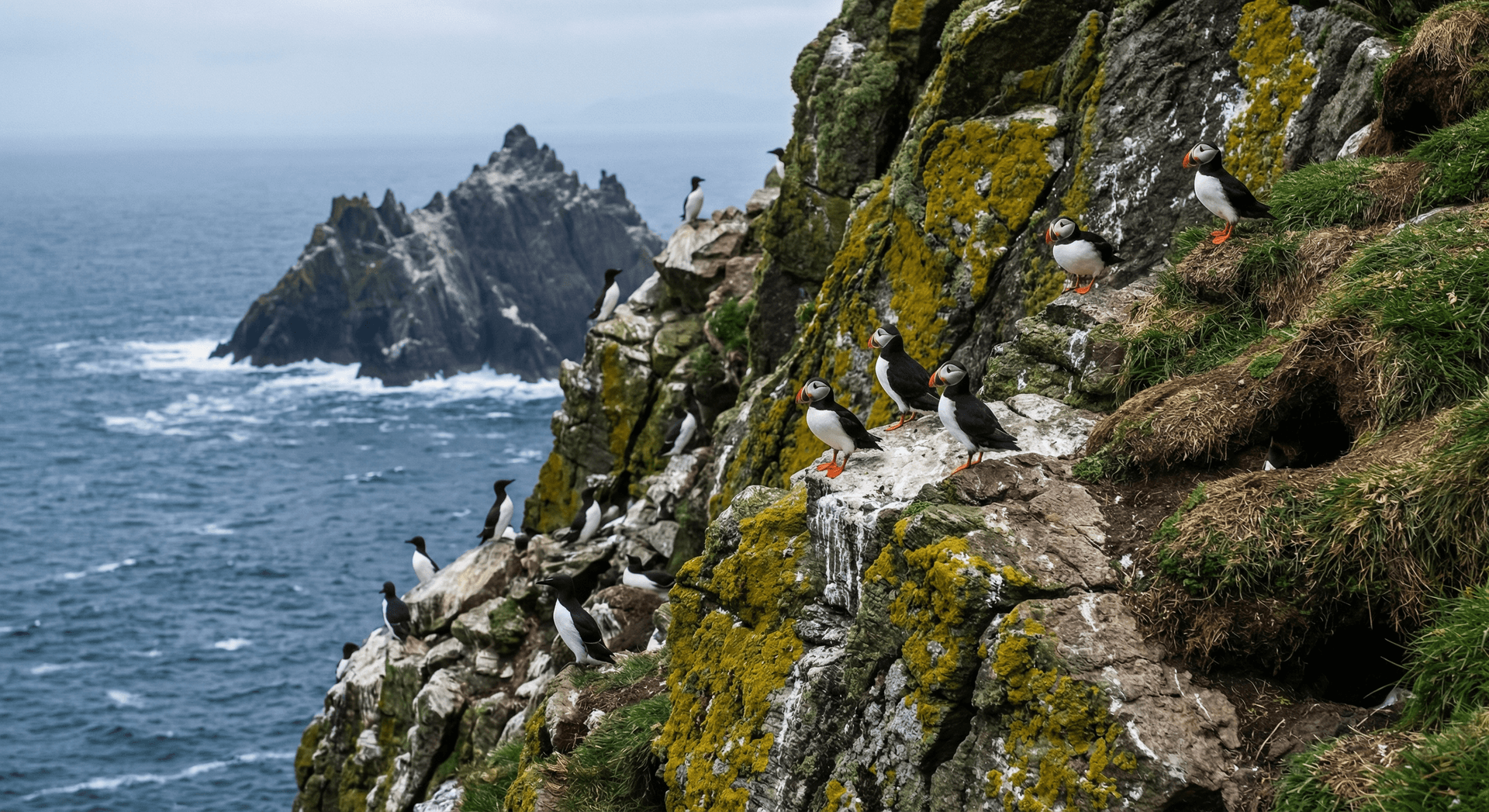 Puffins nesting on rocky cliffs of Skellig Islands