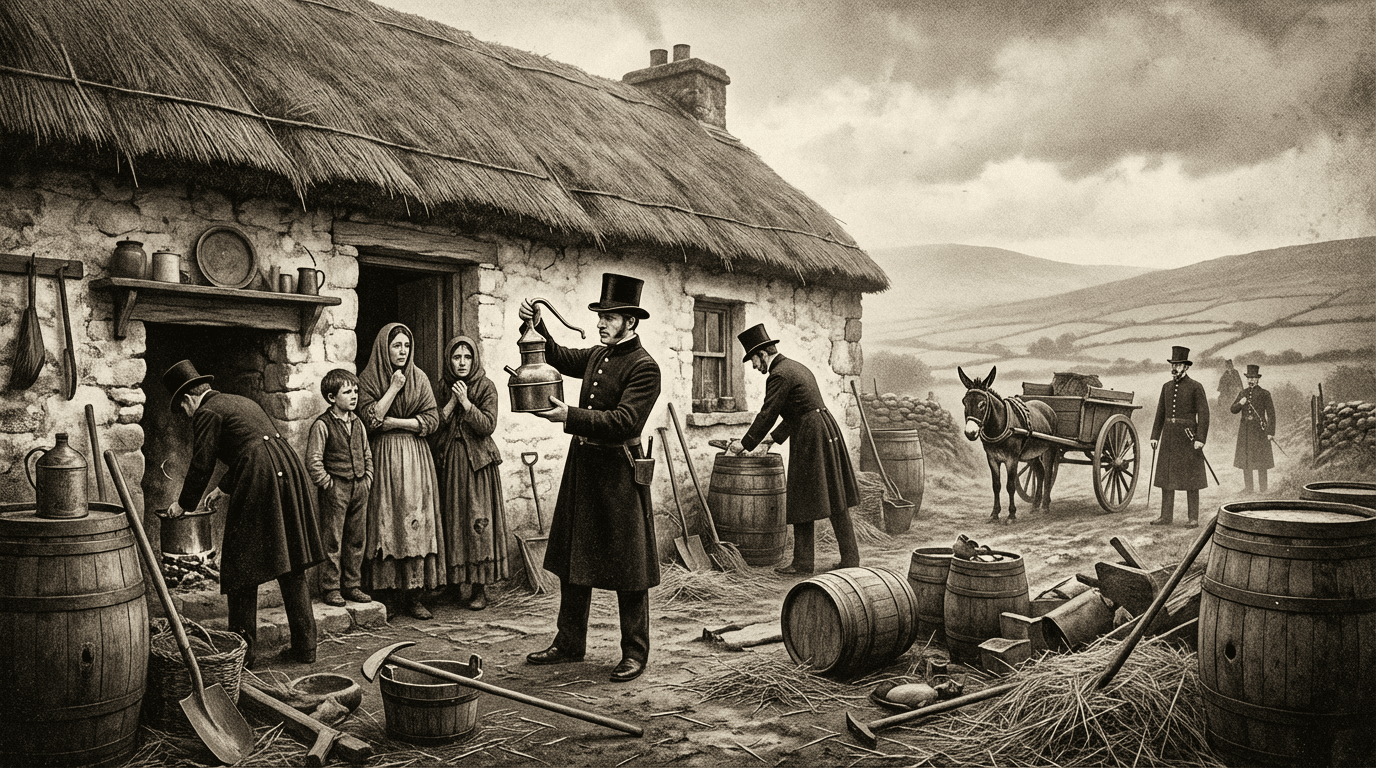 Historic illustration showing Irish excise officers raiding a rural cottage to find hidden poitín still, 19th century scene
