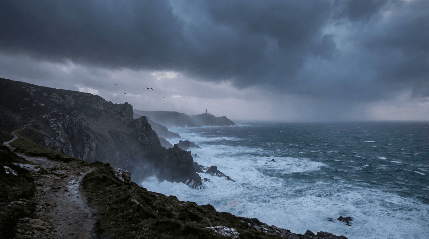 Dramatic storm clouds gathering over the Atlantic coast with waves crashing against rocks, sense of changing weather