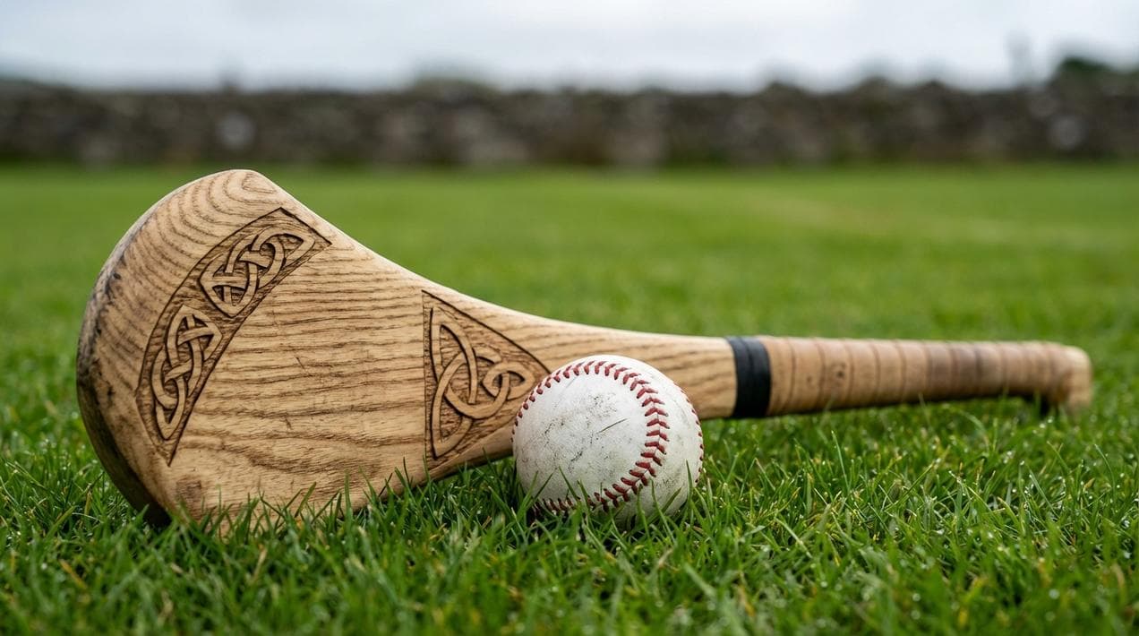 Traditional Irish hurling equipment including ash hurley stick and sliotar ball used in Kilkenny matches