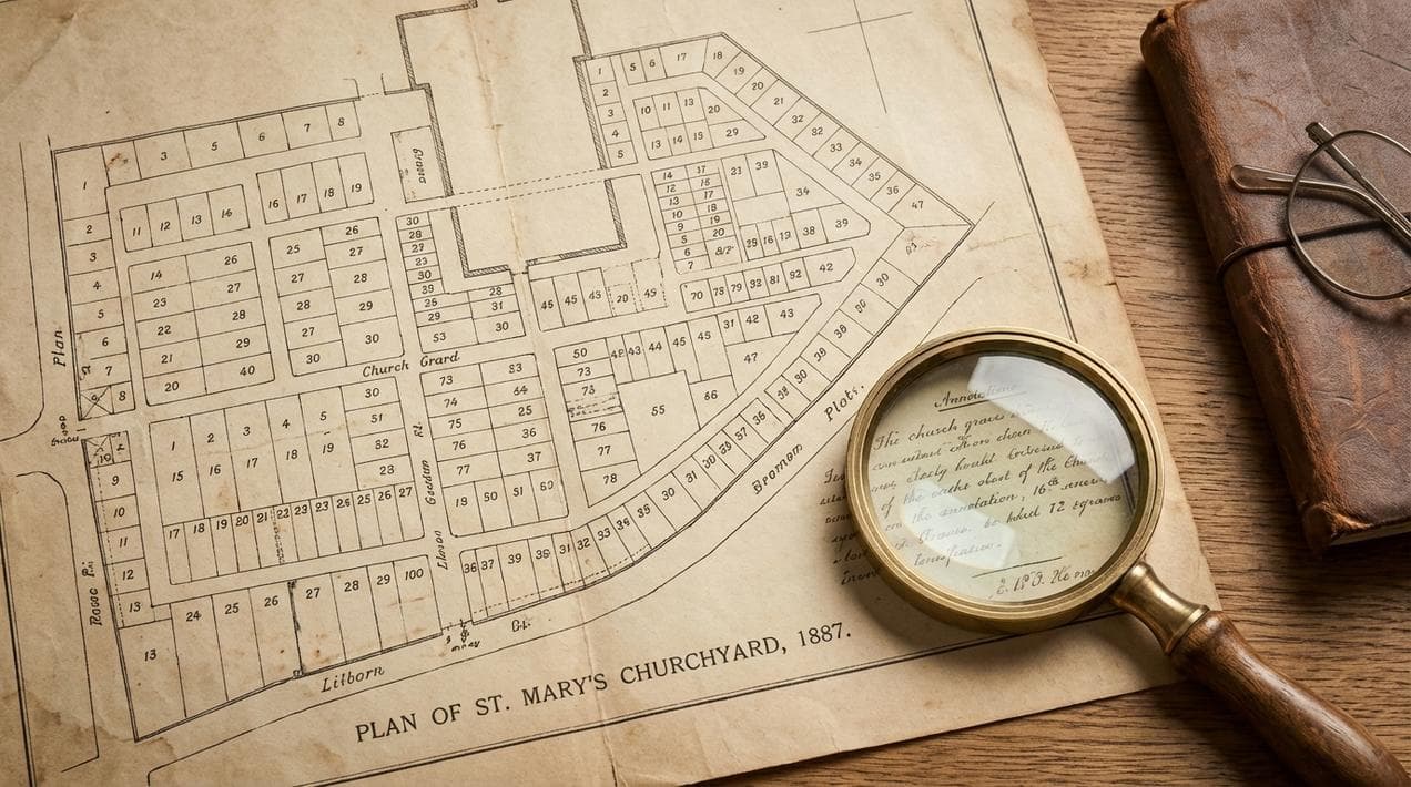 Using a burial register map to find a specific grave.