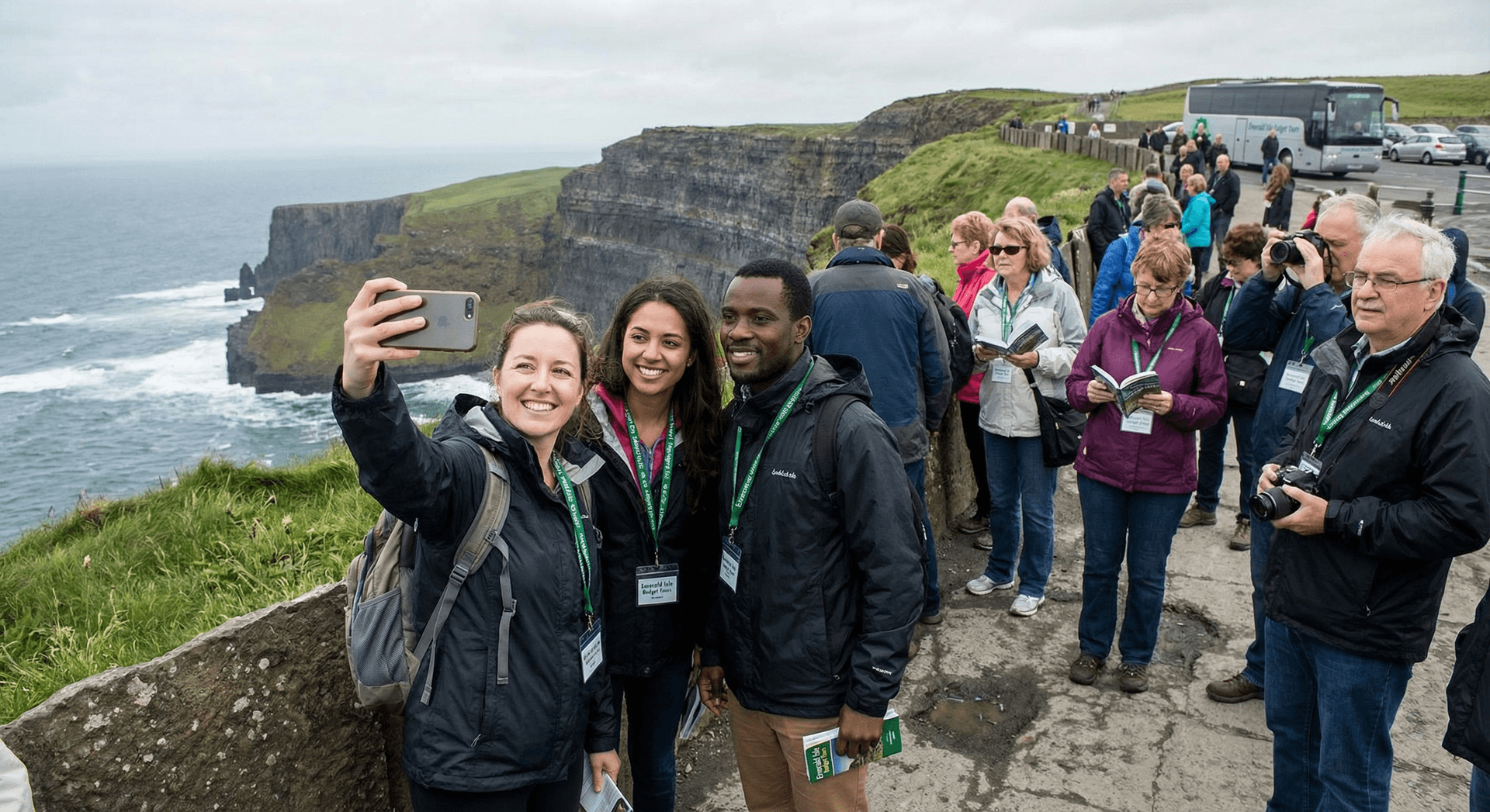 Solo traveler with budget tour group at Cliffs of Moher