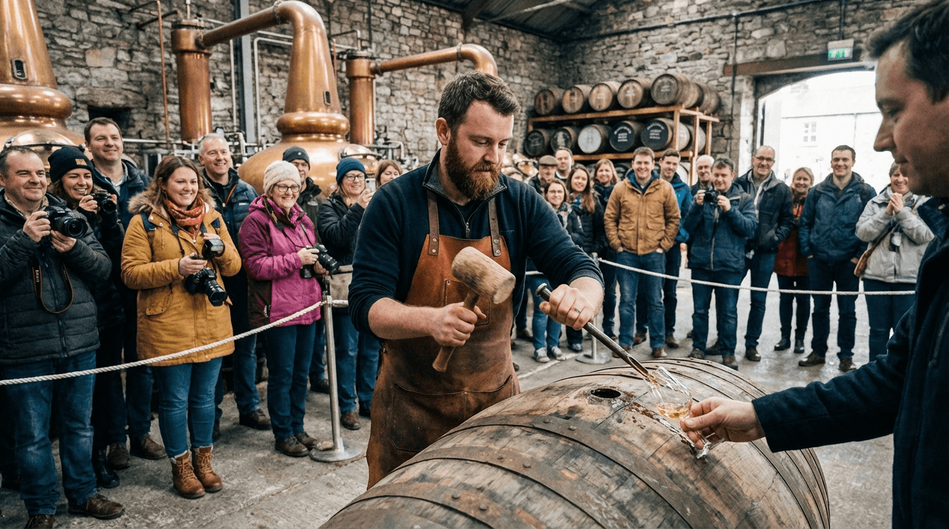 Whiskey cask opening ceremony at Midleton distillery with cooper tapping barrel and visitors watching, golden whiskey being drawn into glass