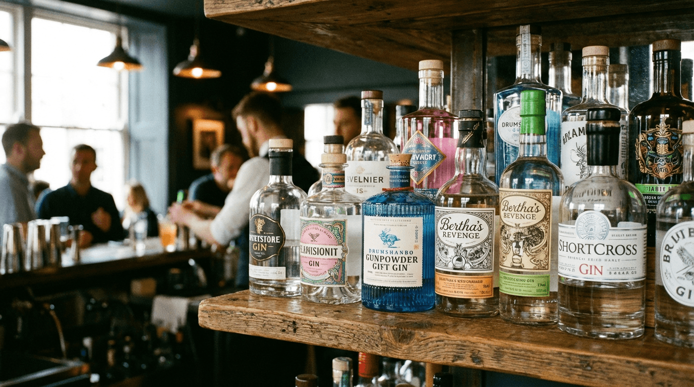 Selection of Irish gin bottles on bar shelf showing variety of brands and colorful labels, modern Irish bar setting