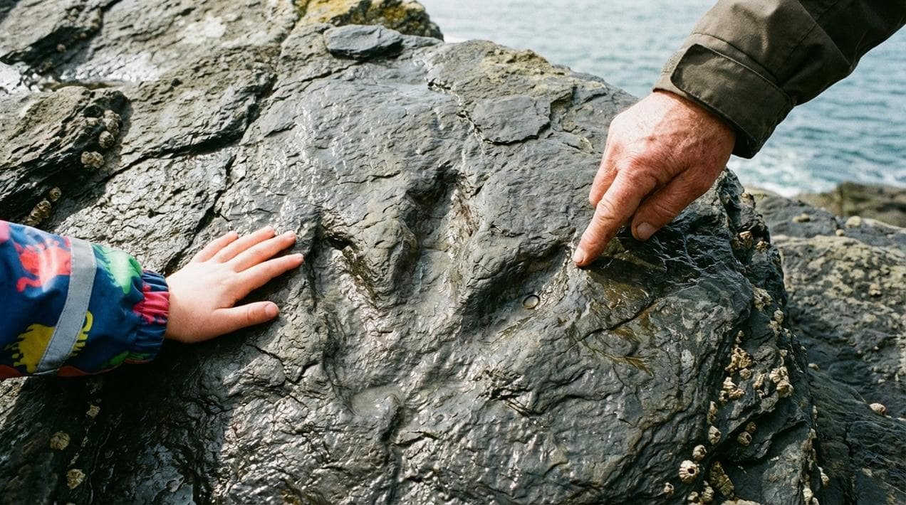 Examining the ancient tetrapod tracks on Valentia Island with a guide.