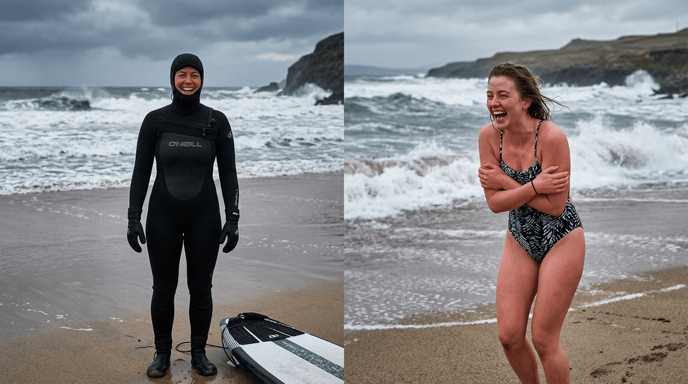 Comparing a winter wetsuit with swimming in skins for cold water immersion.
