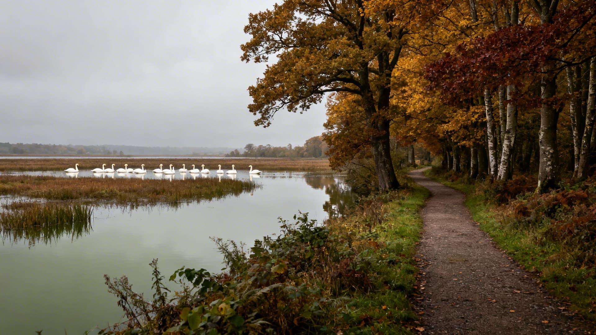 Newcastle Wood and the Shannon Callows floodplain in County Longford with whooper swans on the water