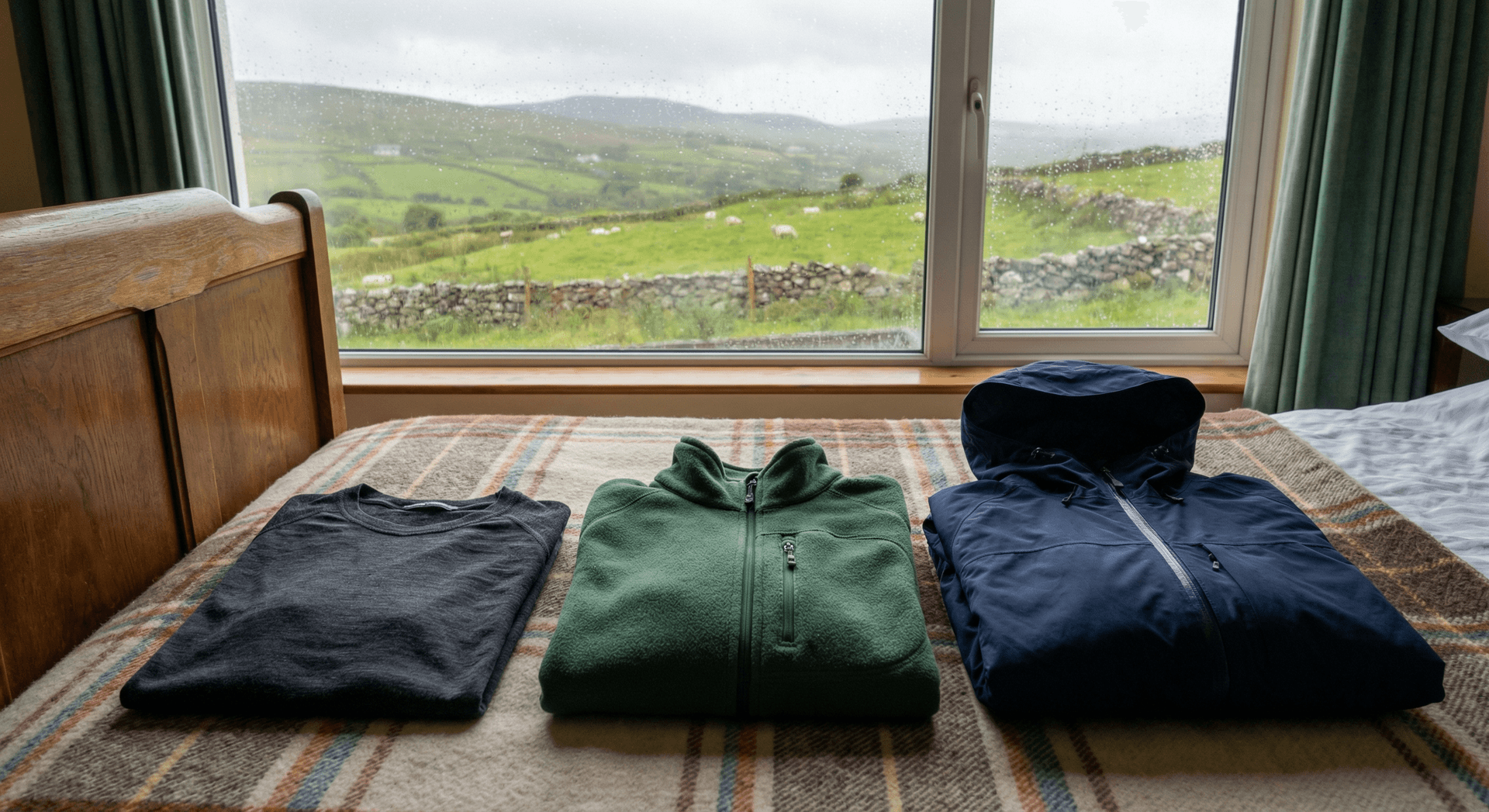 Layered clothing flat lay for Ireland travel