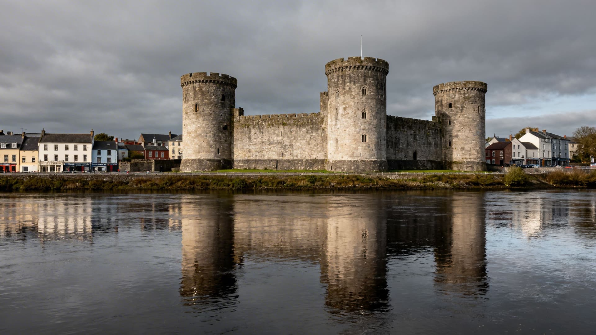 Athlone Castle viewed from across the River Shannon, the Norman round towers rising above the old town on the west bank