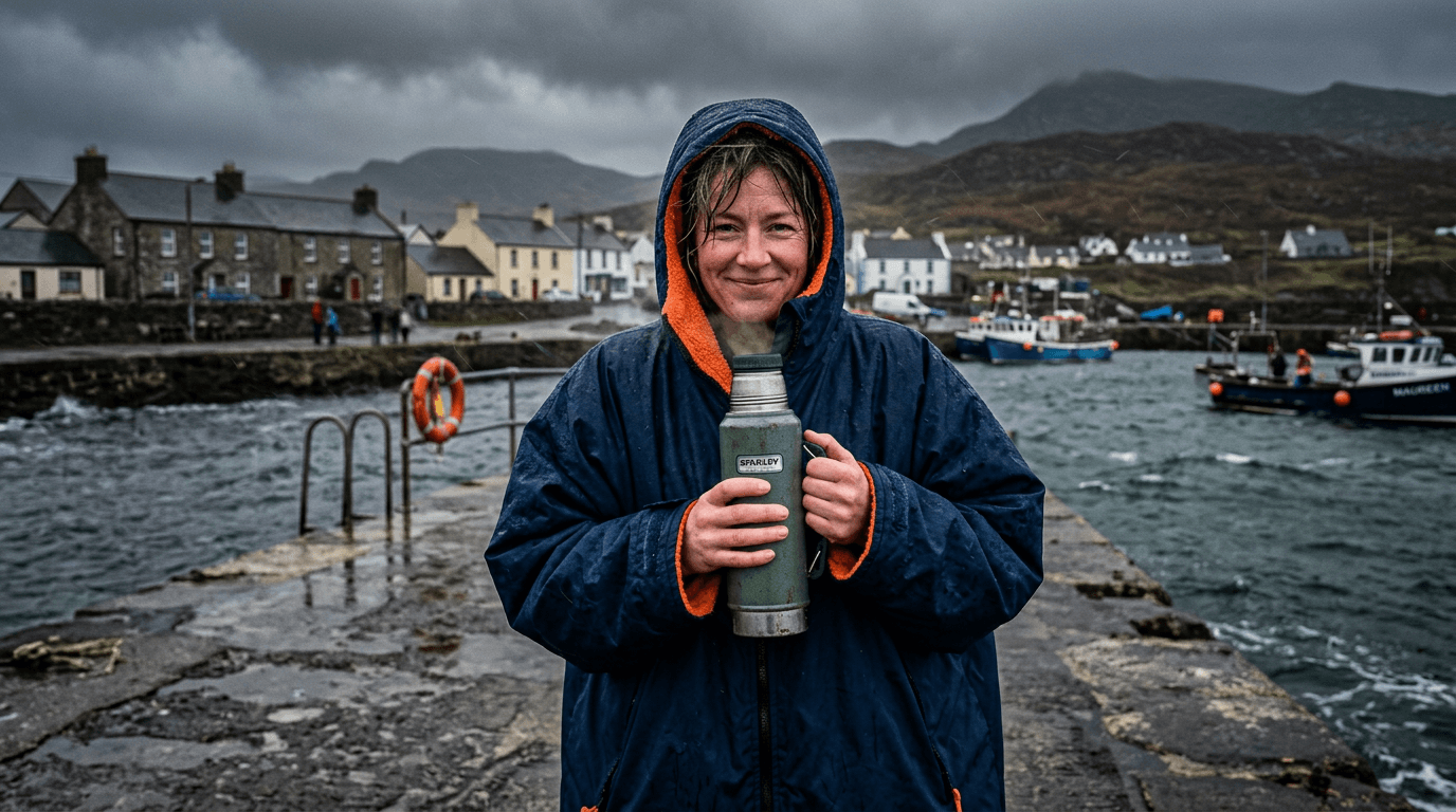 Staying warm with a heavy changing robe and hot tea after a freezing Irish sea swim