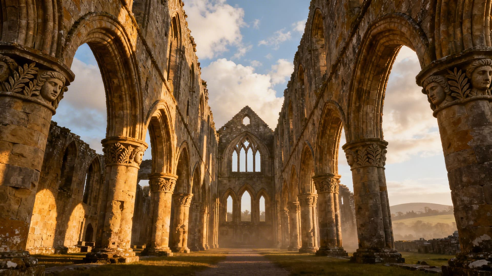Romanesque and Gothic stone arches inside the medieval Cistercian church at Boyle Abbey in County Roscommon