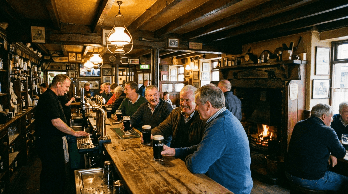 Traditional Irish pub interior with wooden bar, locals chatting, warm lighting, and pints of Guinness on the counter