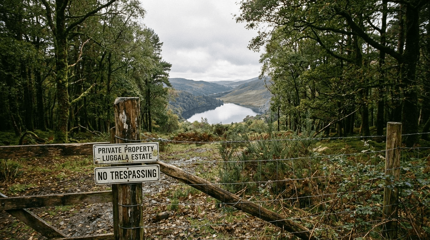 The private Luggala Estate boundary fence with warning signs, Lough Tay visible in the distance through trees