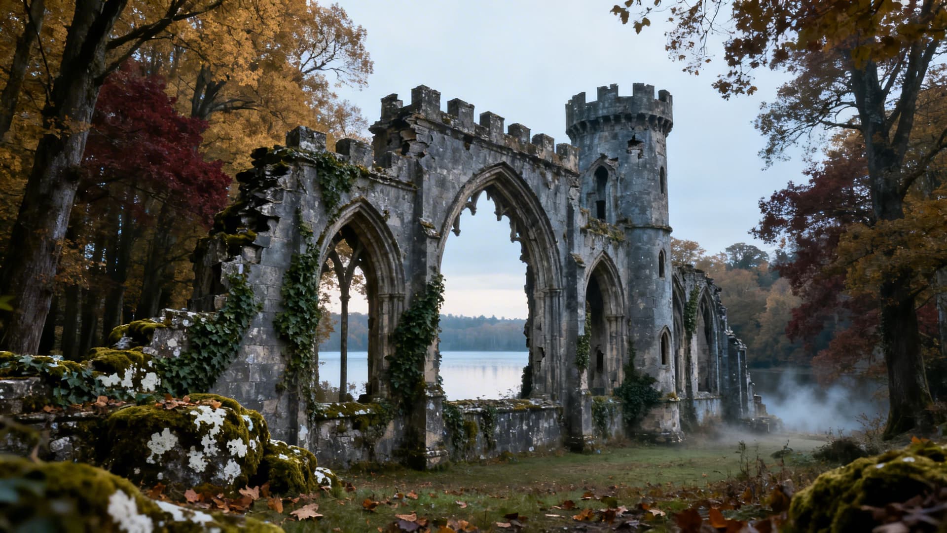 The Jealous Wall Gothic folly at Belvedere House with Lough Ennell visible through the woodland behind, County Westmeath