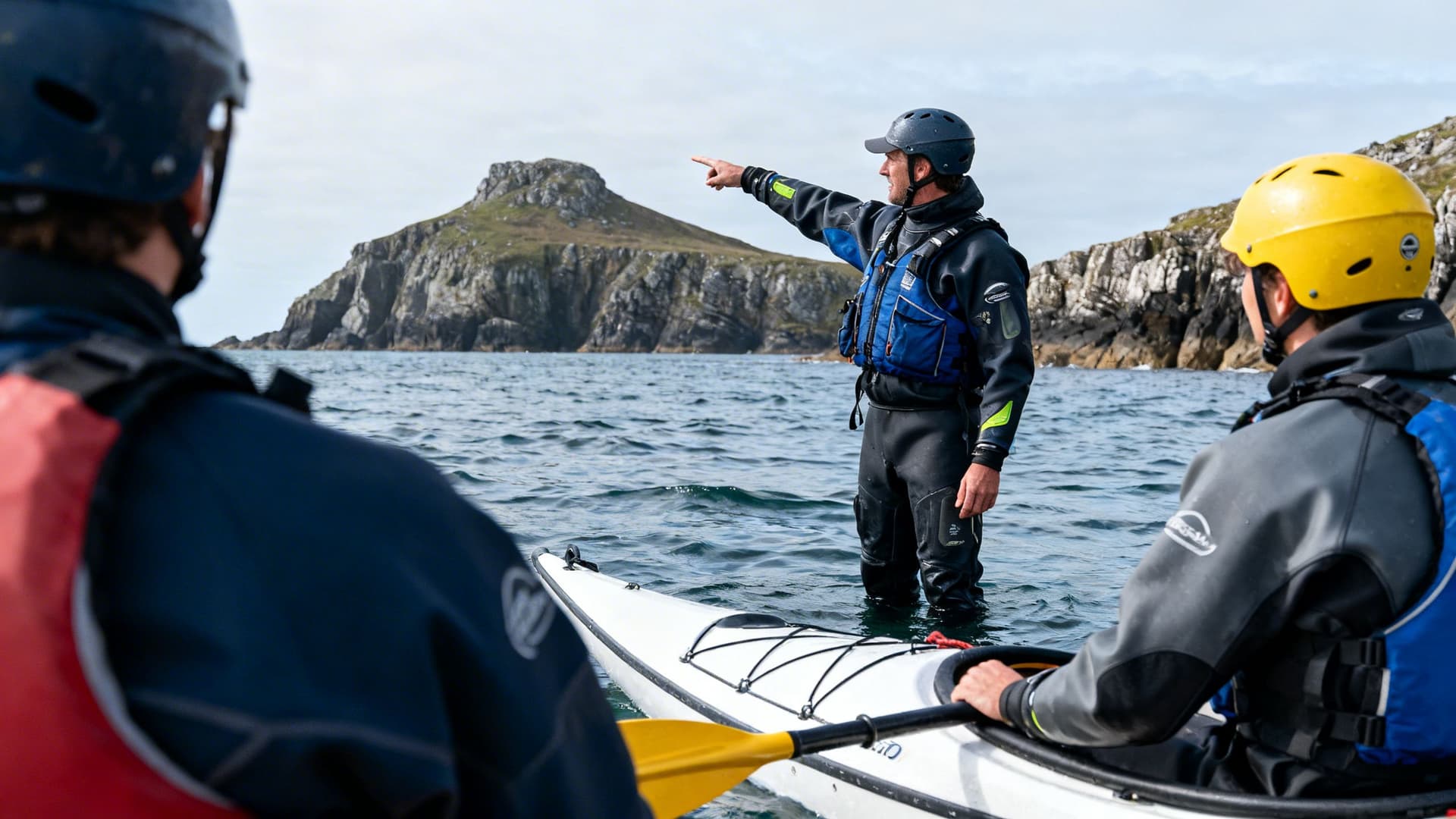 A sea kayaking guide in a dry suit pointing toward a rocky headland on the Dingle Peninsula, two other kayakers paused on the water beside them, listening, the south shore cliffs visible behind