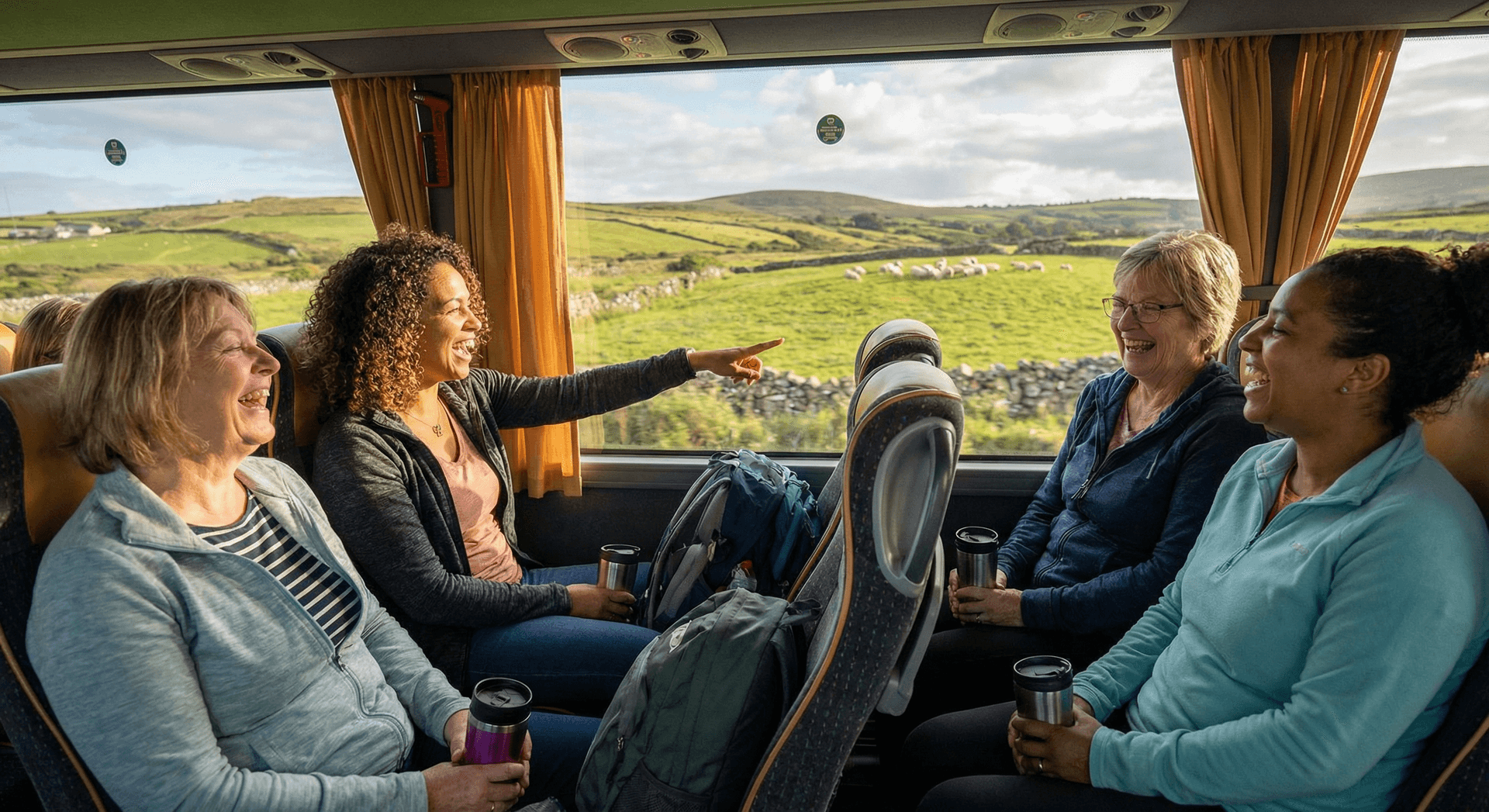 Group of diverse female travelers laughing together on tour bus with Irish hills