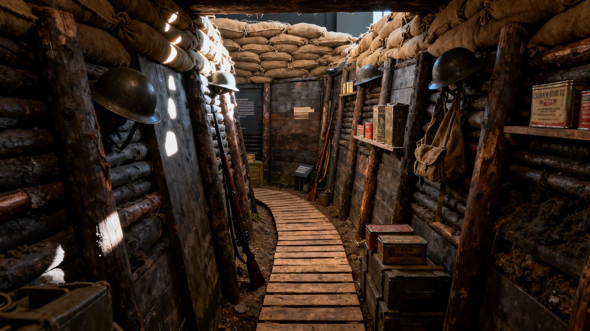 Full-scale World War I trench recreation with sandbags and duckboards inside Cavan County Museum in Ballyjamesduff