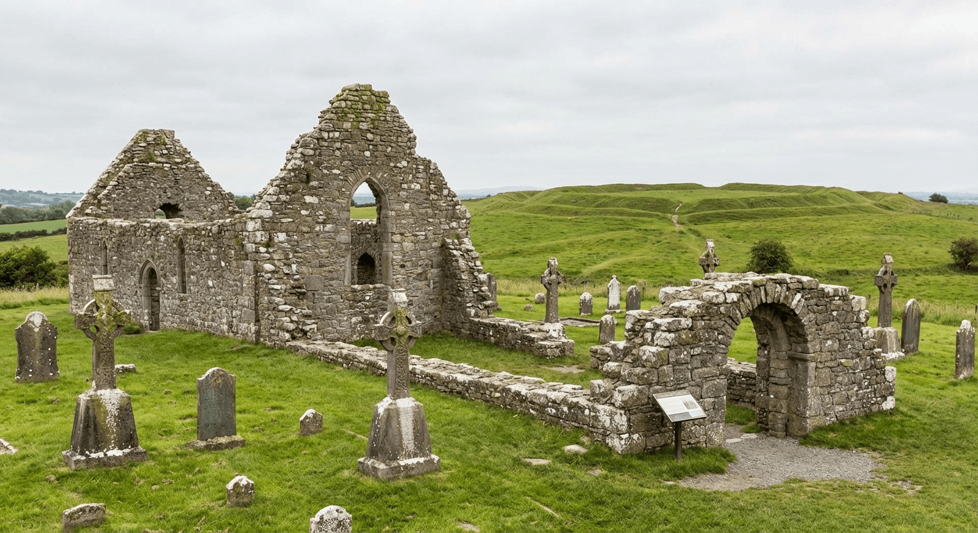 Church ruins at the Hill of Tara with Celtic crosses