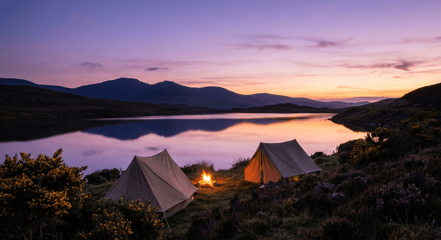 Lakeside camping at twilight with tent illuminated