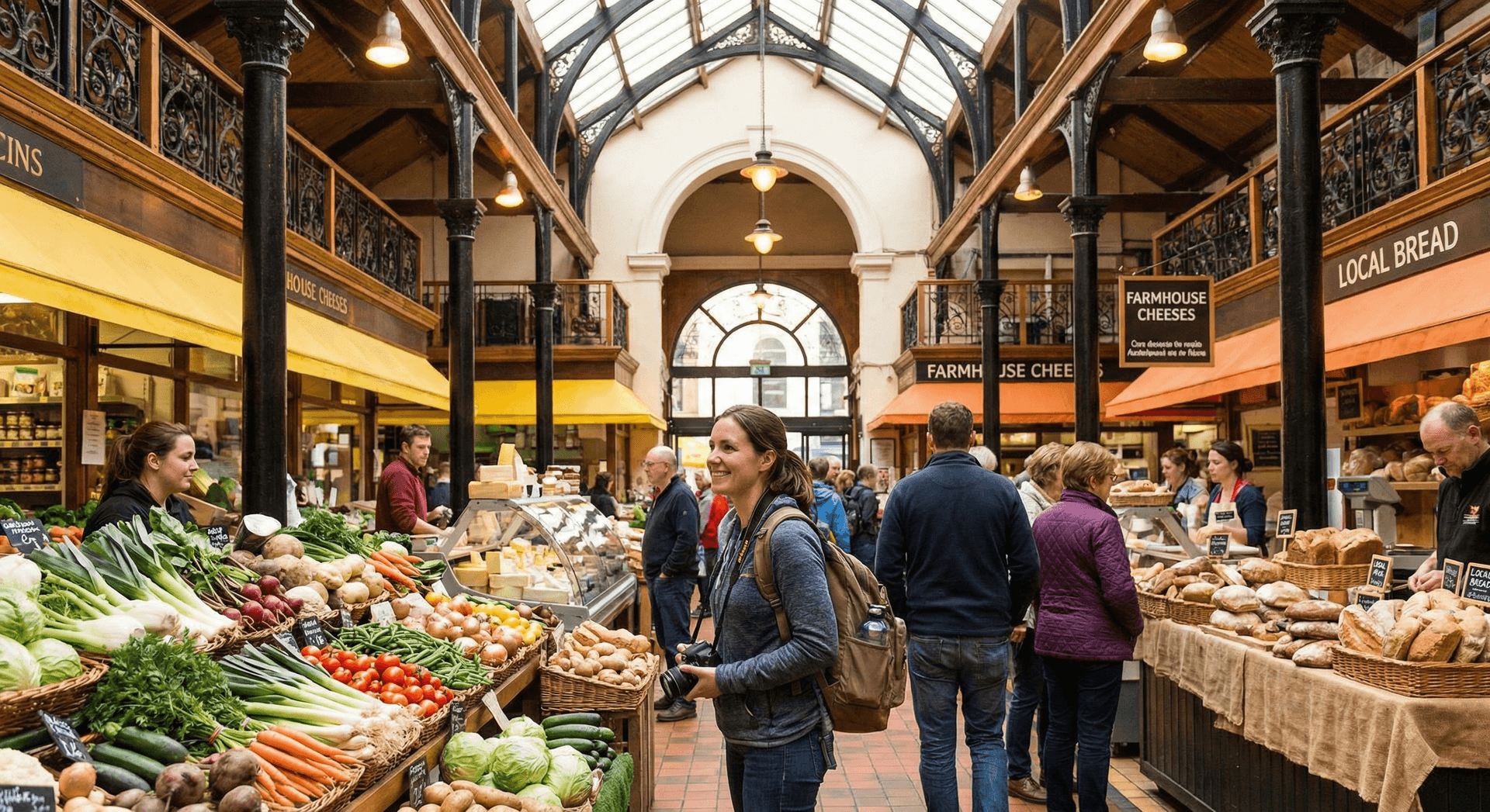 Solo traveler browsing English Market in Cork City with fresh produce stalls