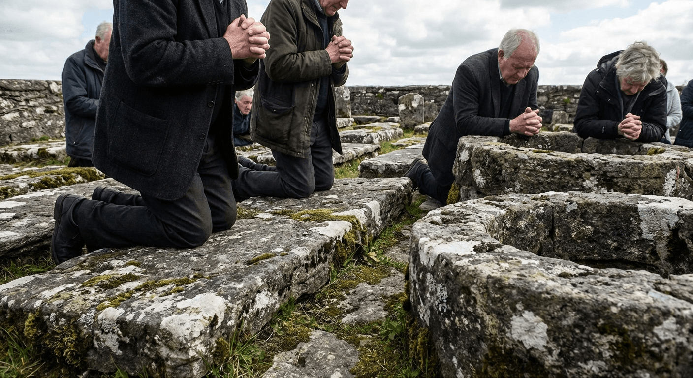 Ancient stone beds at Lough Derg with pilgrims kneeling in prayer