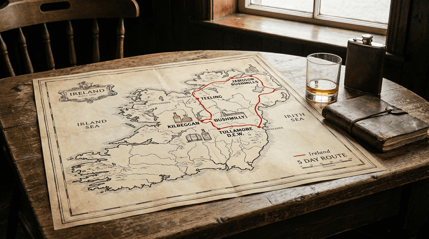 Map showing 5-day whiskey trail route through Ireland with distillery stops highlighted