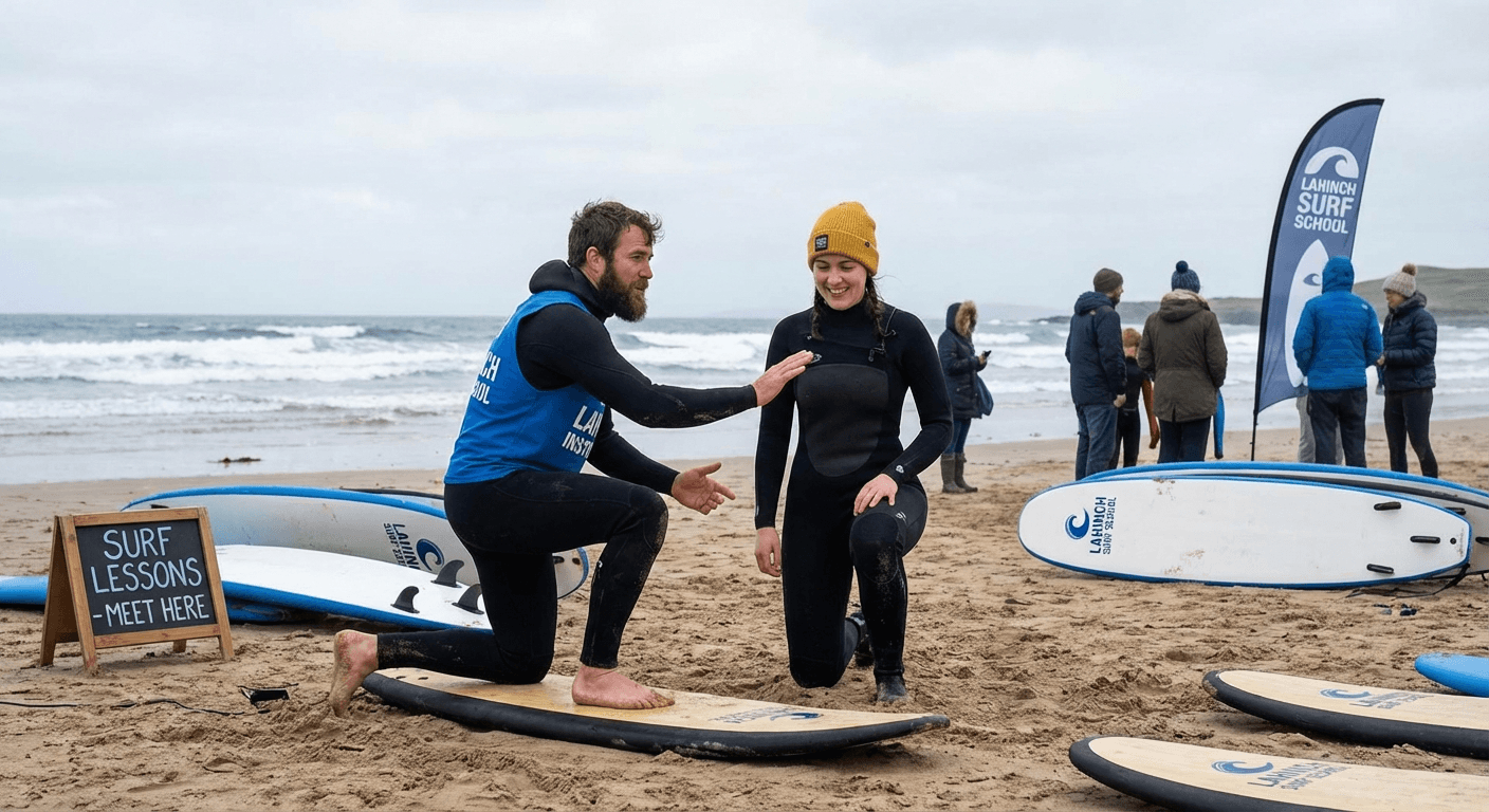 Surf instructor teaching beginner on Irish beach with Atlantic waves in background
