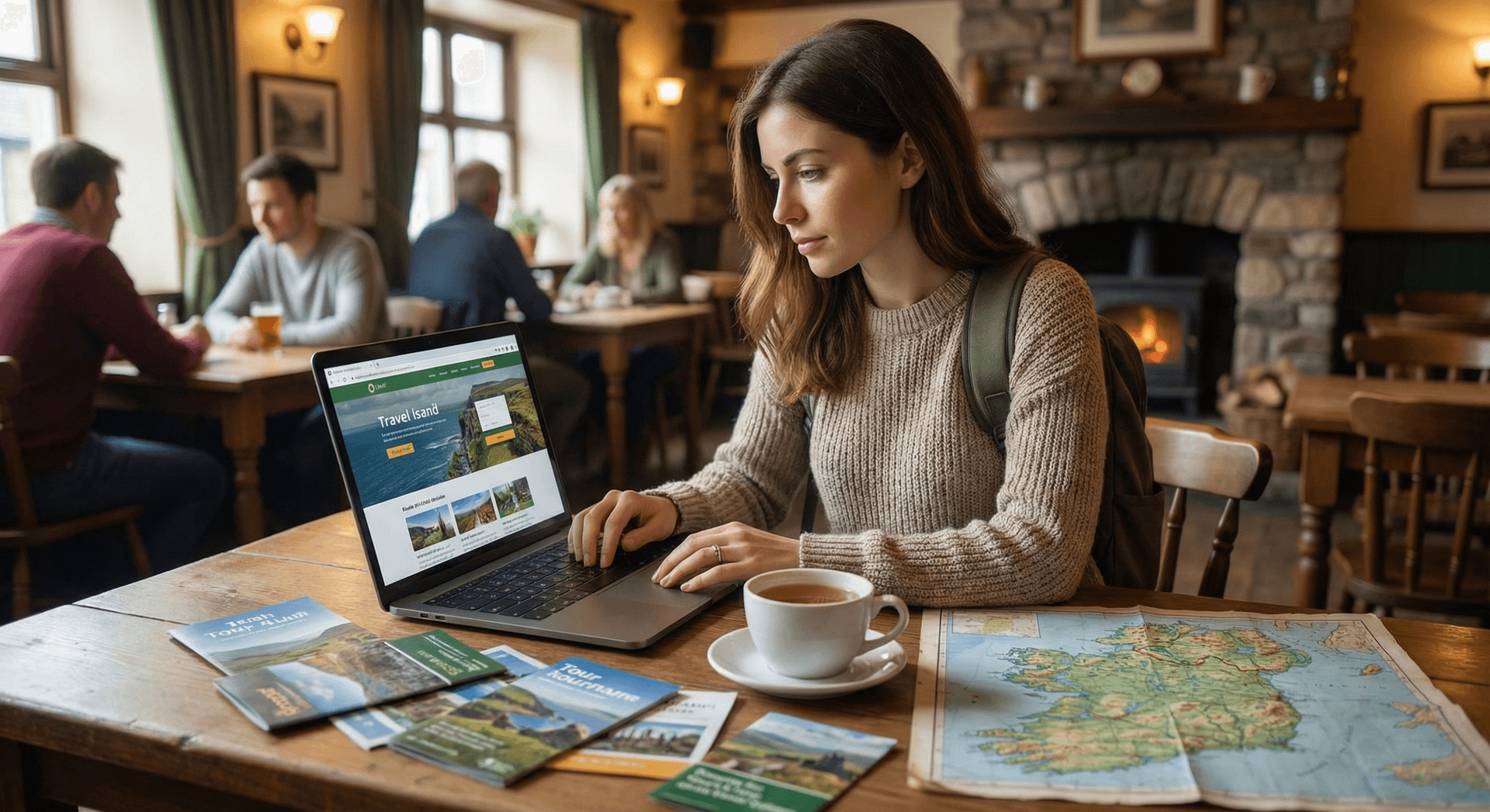 Solo traveler researching tours on laptop at cozy Irish café with brochures