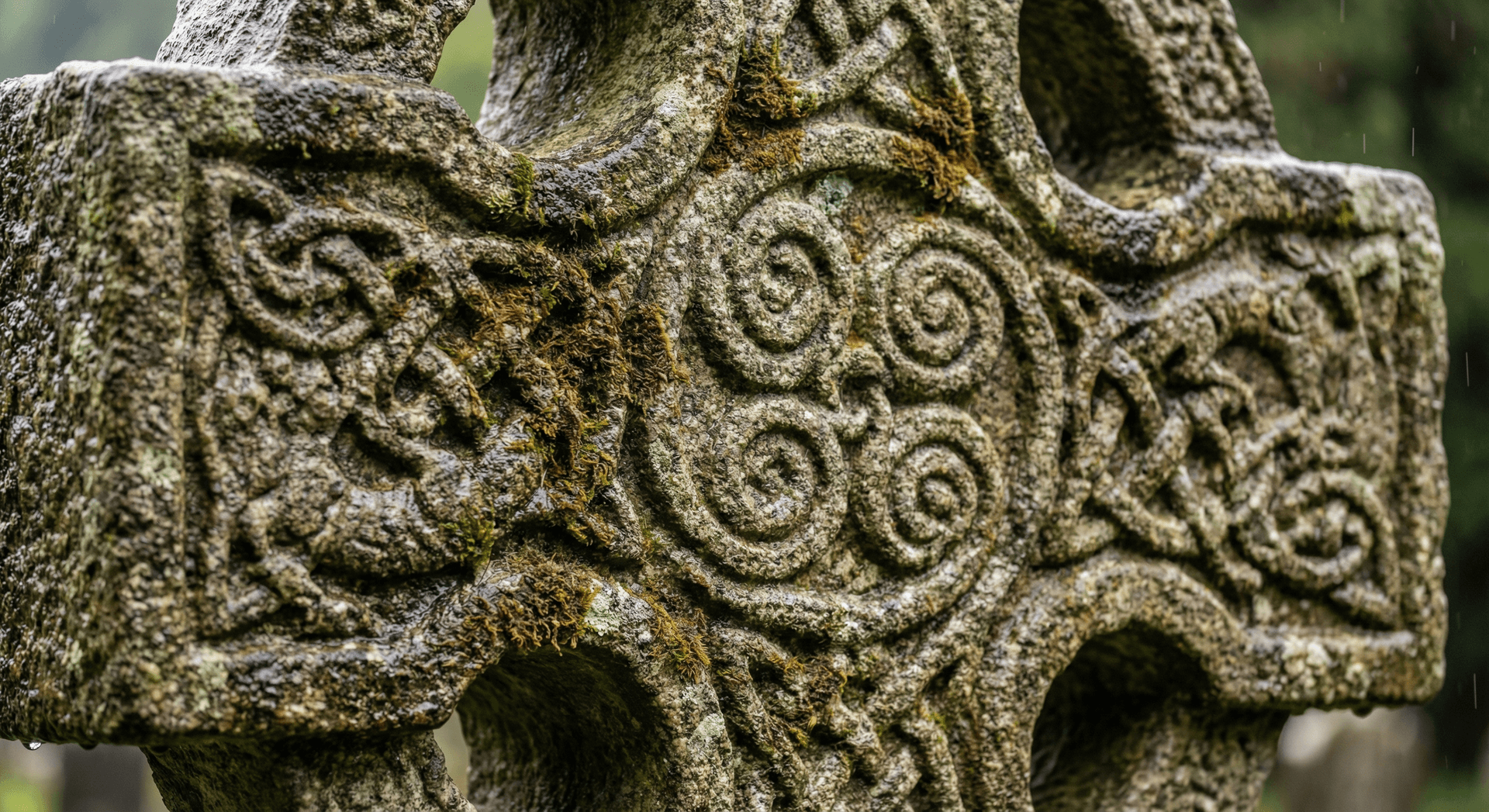 Close-up of ancient Celtic cross stone carving at Glendalough Ireland
