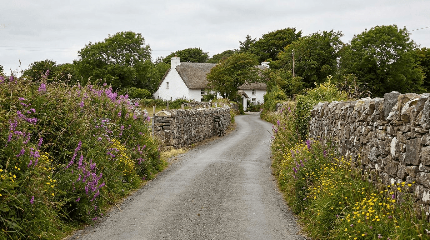 Quiet country lane leading toward the White O'Morn cottage location, stone walls on either side, wildflowers, sense of rural isolation