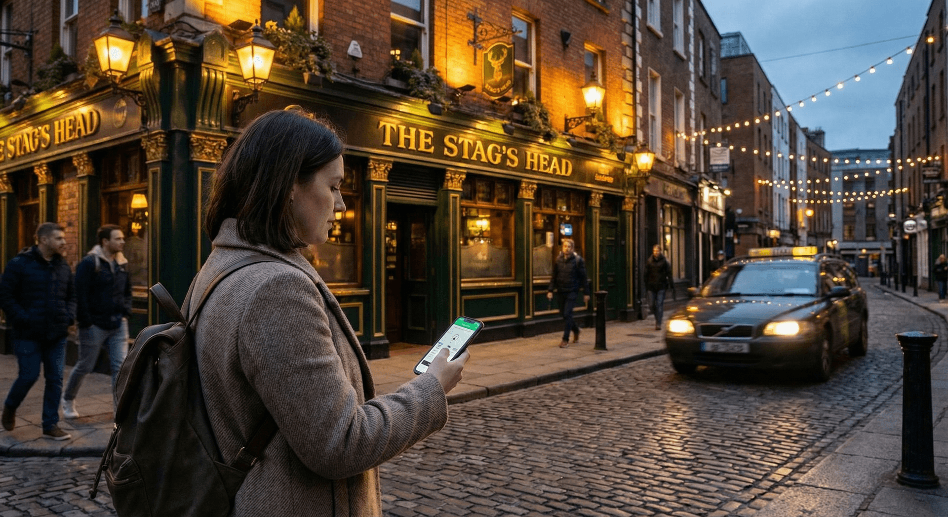 Female traveler using smartphone to book a ride outside traditional Irish pub
