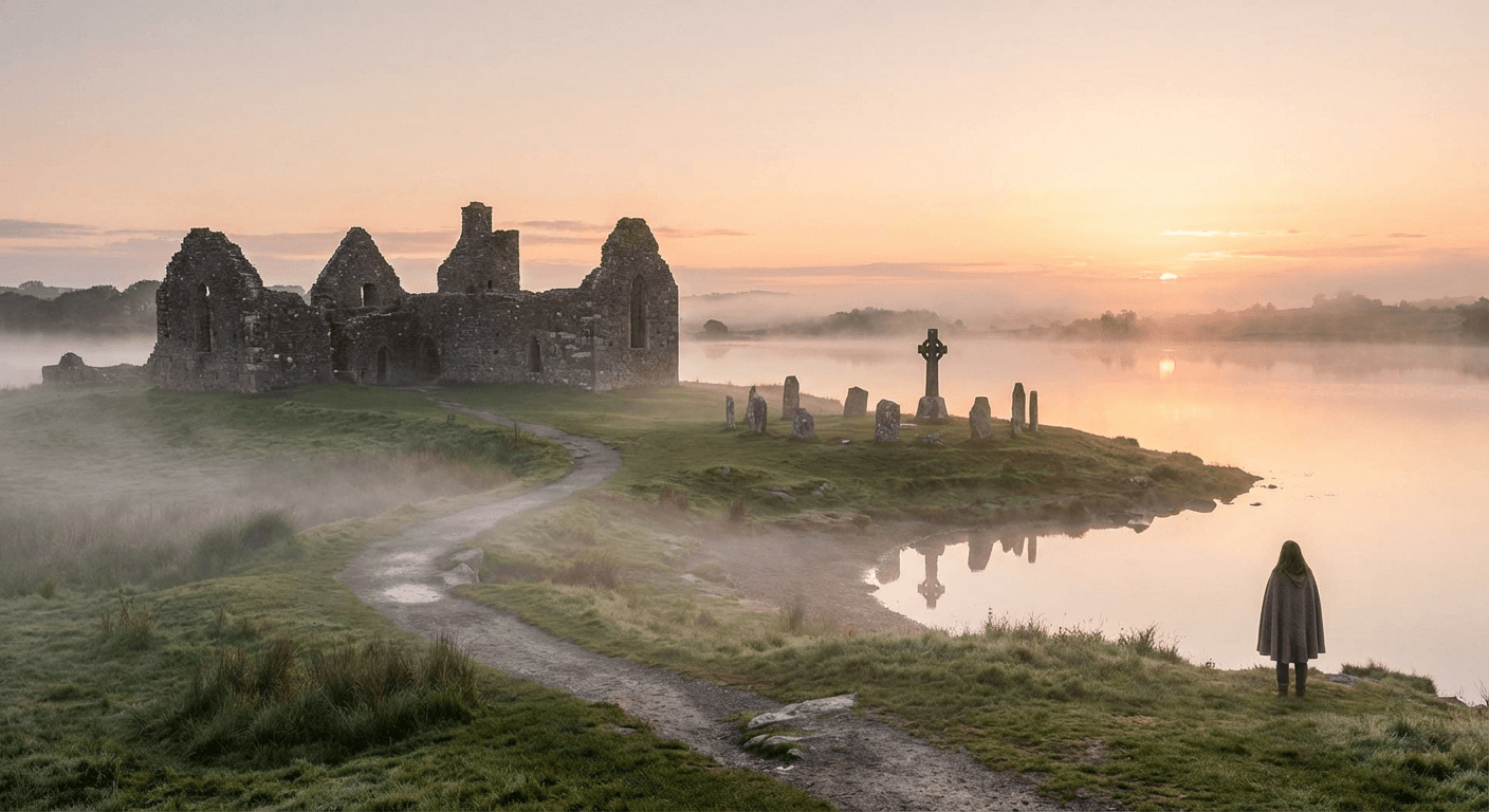 Serene sunrise at an Irish sacred site with mist over water