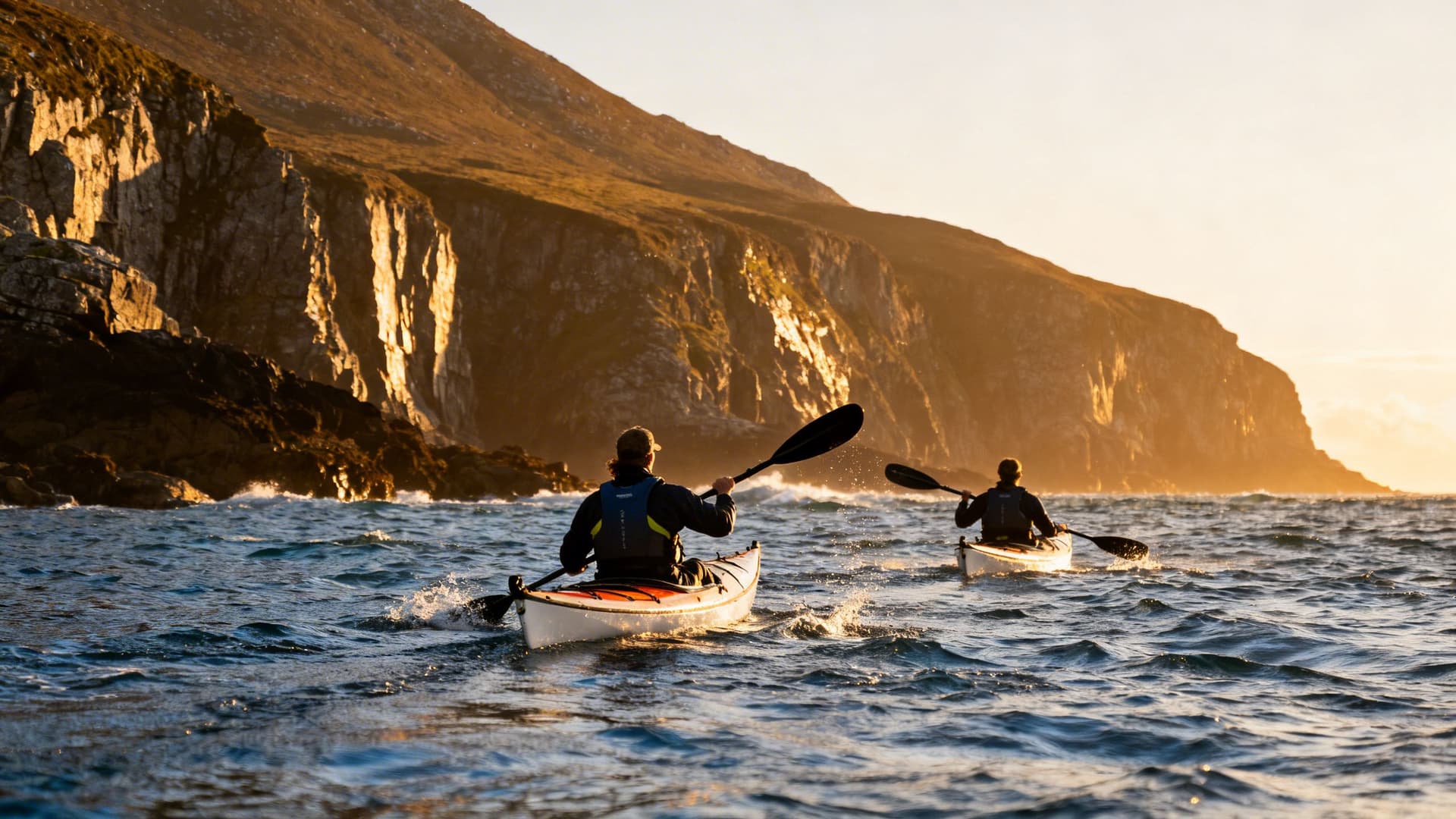 A sea kayaking guide leading a small group along the south Iveragh coast in Kerry, open Atlantic ahead
