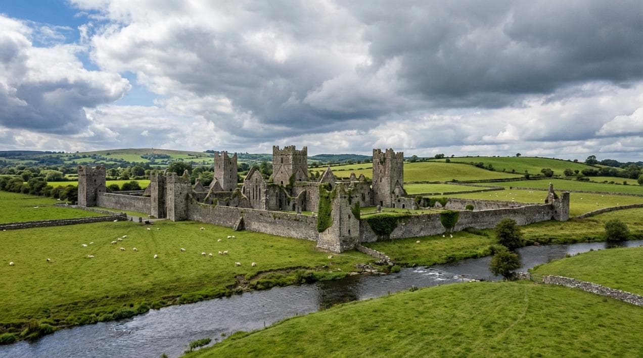 Kells Priory known as the Seven Castles in County Kilkenny Ireland, showing the fortified medieval monastery walls and tower houses